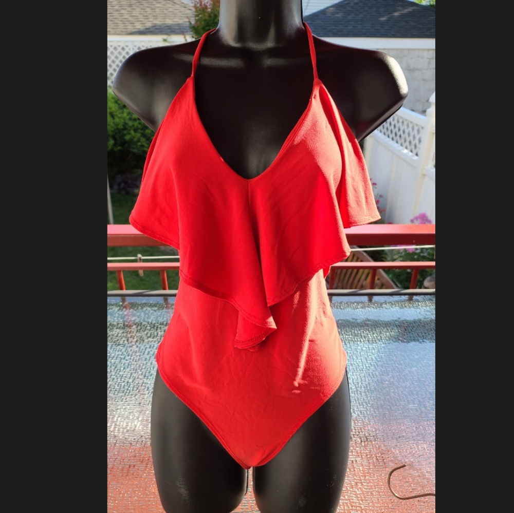 Red ruffle body suit